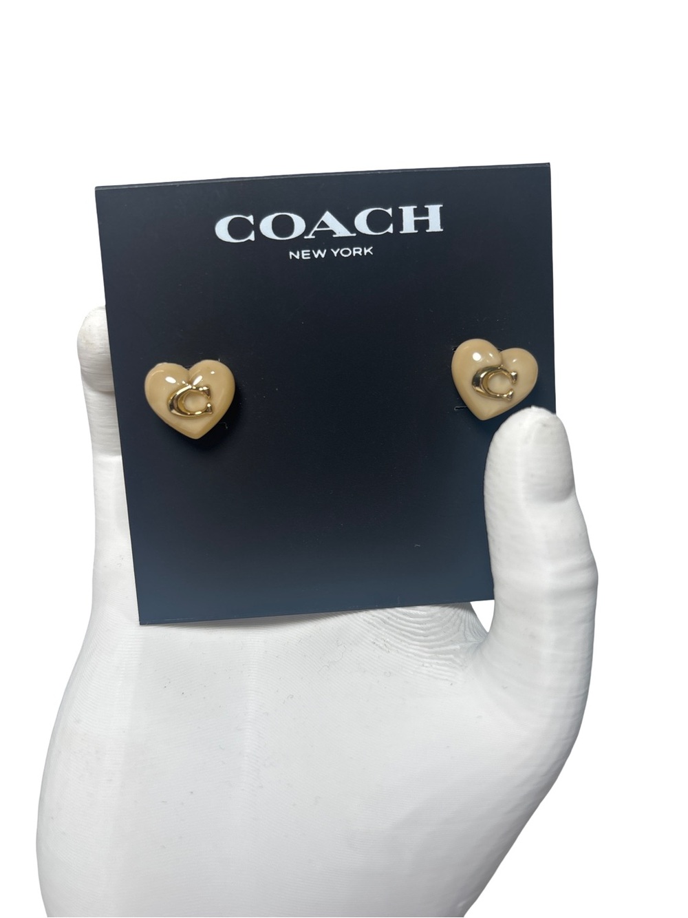 Coach Beige Heart Stud Earrings with Gold 'C' Accent NWT w/ Dusty!
